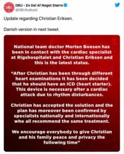 Il comunicato ufficiale della Danimarca su Christian Eriksen