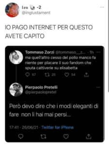 Screen commenti tra il fake Tommaso Zorzi e Pierpaolo Pretelli