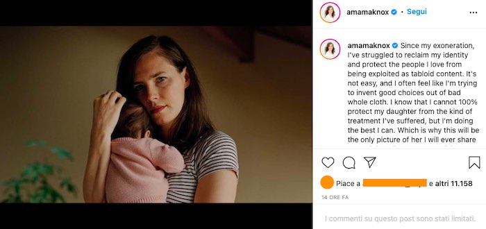 Il post di Amanda Knox su Instagram