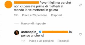 Il commento di Antonino Spinalbese su Instagram