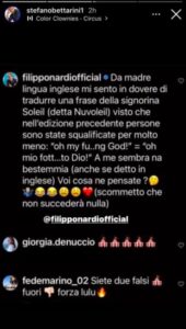 Il commento di Filippo Nardi condiviso da Stefano Bettarini su Instagram