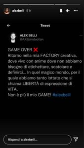 La storia Instagram con il tweet di Alex Belli
