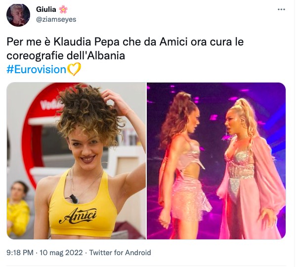 Il tweet dedicato a Klaudia Pepa, coreografa all'Eurovision