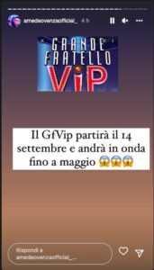 La storia Instagram di Amedeo Venza sul GF Vip 7