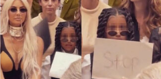 Kim Kardashian, la figlia mostra un cartello con scritto "Stop" alla sfilata