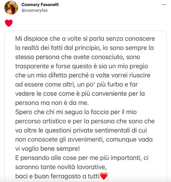 Post Twitter di Cosmary Fasanelli