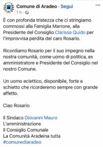Il messaggio del Comune di Aradeo per il papaÌ di Emma