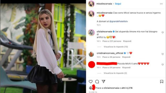 Il post Instagram nel profilo di Micol Incorvaia e la risposta di Clizia
