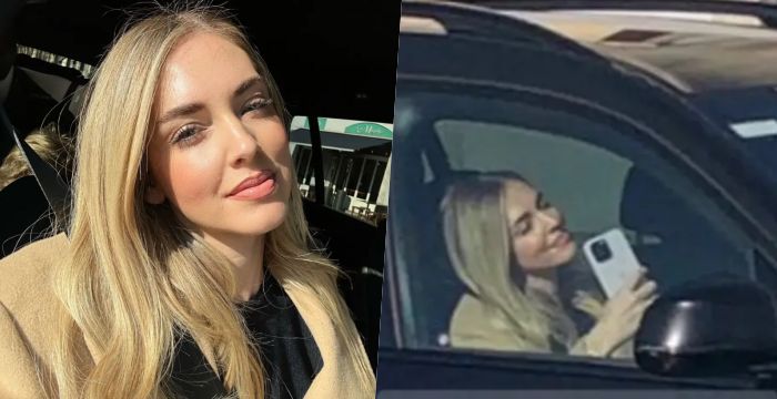Chiara Ferragni paparazzata mentre si scatta un selfie in auto Chiara Ferragni paparazzata mentre si scatta un selfie in auto