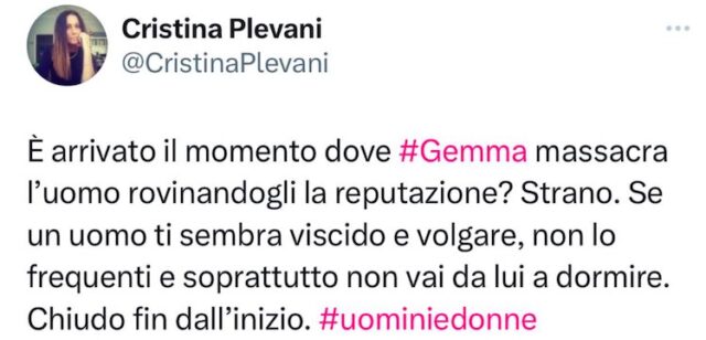 Il tweet di Cristina Plevani contro Gemma Galgani