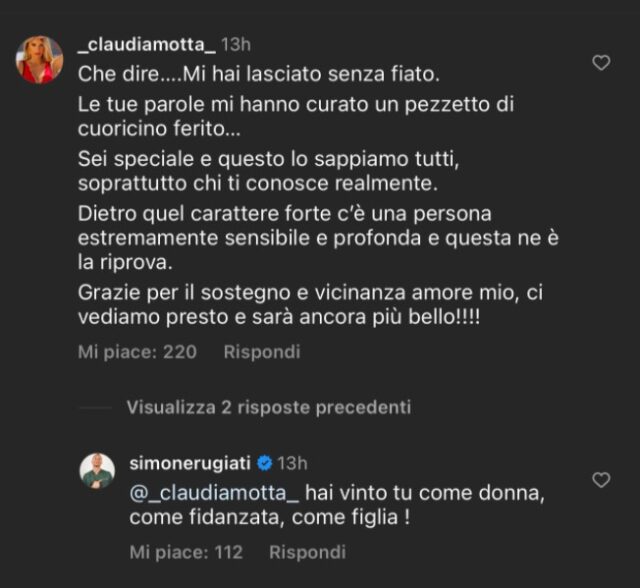 Il botta e risposta tra Claudia Motta e Simone Rugiati