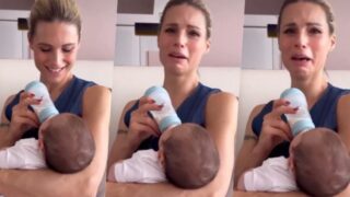 Michelle Hunziker in lacrime mentre dà il latte al nipote Cesare