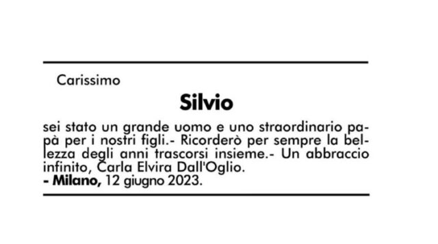 Il necrologio della prima moglie di Silvio Berlusconi, Carla Elvira Dall'Oglio