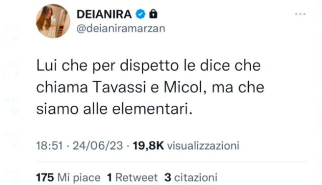 Il post Twitter di Deianira su Edoardo Donnamaria