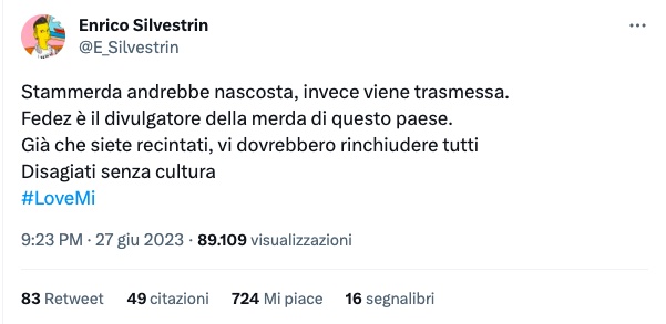 Il tweet di Enrico Silvestrin contro Fedez