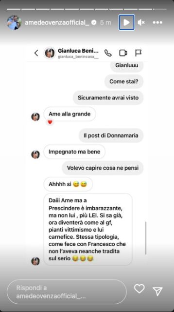 La storia Instagram di Amedeo Venza con le parole di Gianluca Benicasa su Antonella Fiordelisi