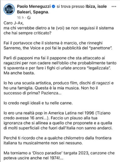La replica di Paolo Meneguzzi su Facebook