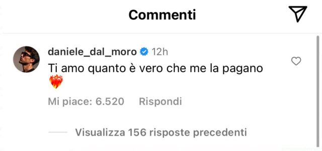 Il commento di Daniele Dal Moro sotto al post di Oriana Marzoli su Instagram