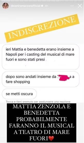 La storia Instagram di Deianira Marzano su Mattia e Benedetta di Amici 22