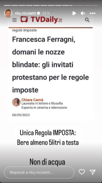 La storia Instagram di Riccardo Nicoletti, marito di Francesca Ferragni