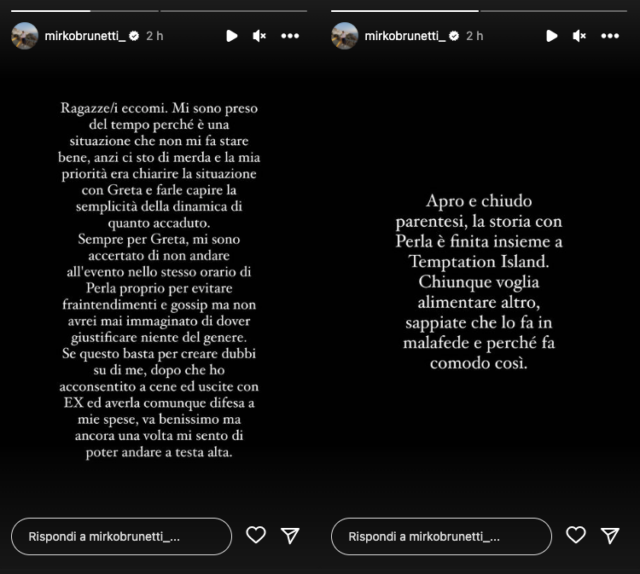 Le storie Instagram di Mirko Brunetti su Greta Rossetti e Perla Vatiero