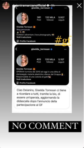 Storia Instagram di Deianira Marzano su Giselda Torresan del Grande Fratello