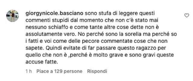 Il commento su Instagram della sorella di Alessandro Basciano contro Sophie Codegoni