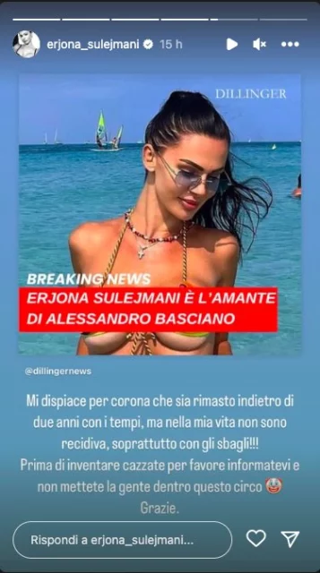 La storia Instagram di Erjona Sulejmani in merito al gossip con Basciano