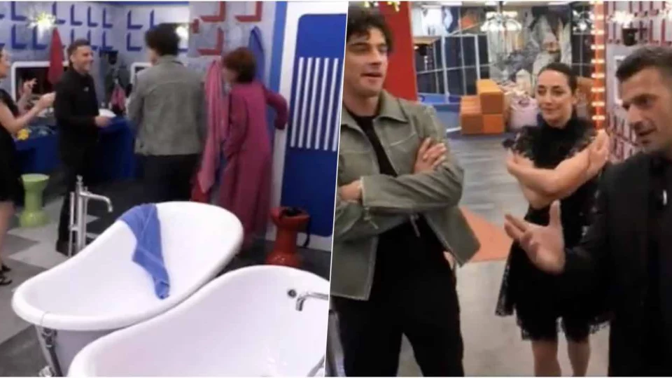 Beatrice fa fare il tour della Casa ai nuovi arrivati e mostra il bagno mentre è occupato da Schwazer