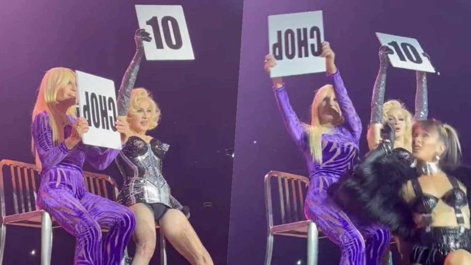 Donatella Versace giudice al concerto di Madonna, ma tiene i cartelli al contrario