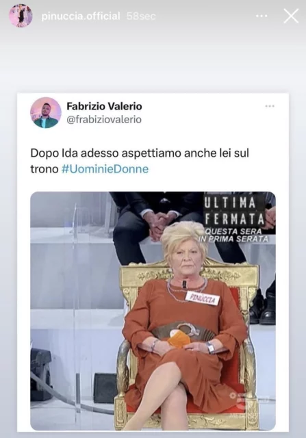 Pinuccia pubblica un fotomontaggio di se stesa seduta sul trono