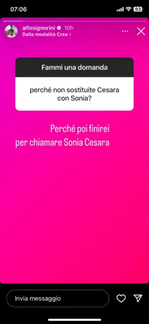 La risposta di Alfonso Signorini su Cesara e Sonia