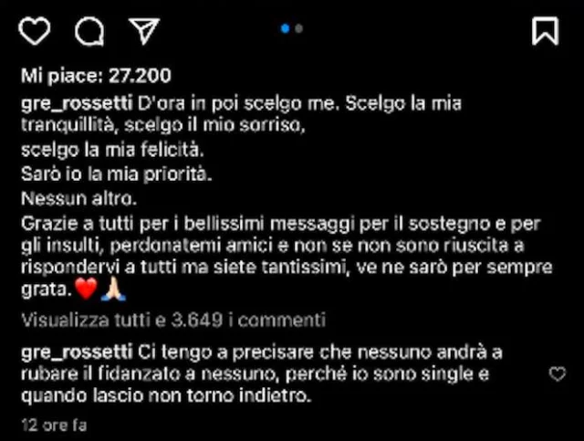 Il commento di Greta Rossetti su Instagram