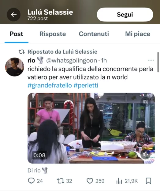 LulÃ¹ SelassiÃ© chiede la squalifica di Perla Vatiero