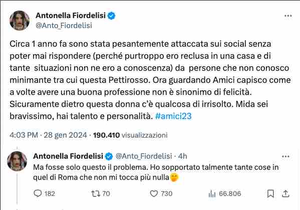 Il post di Antonella Fiordelisi su Anna Pettinelli