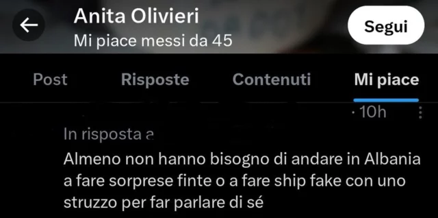 Il like di Anita Olivieri al post contro Beatrice Luzzi