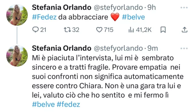 Stefania Orlando si complimenta con Fedez 