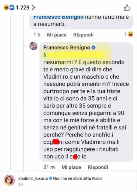 Le parole di Francesco Benigno e la risposta di Vladimir Luxuria