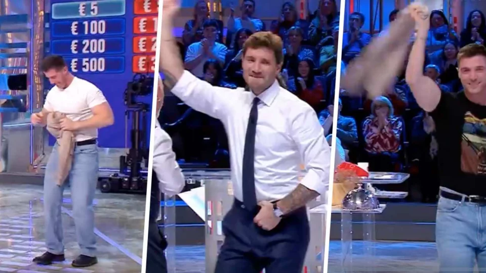 Affari Tuoi, Stefano improvvisa uno spogliarello con i gemelli Andrea e Alessandro