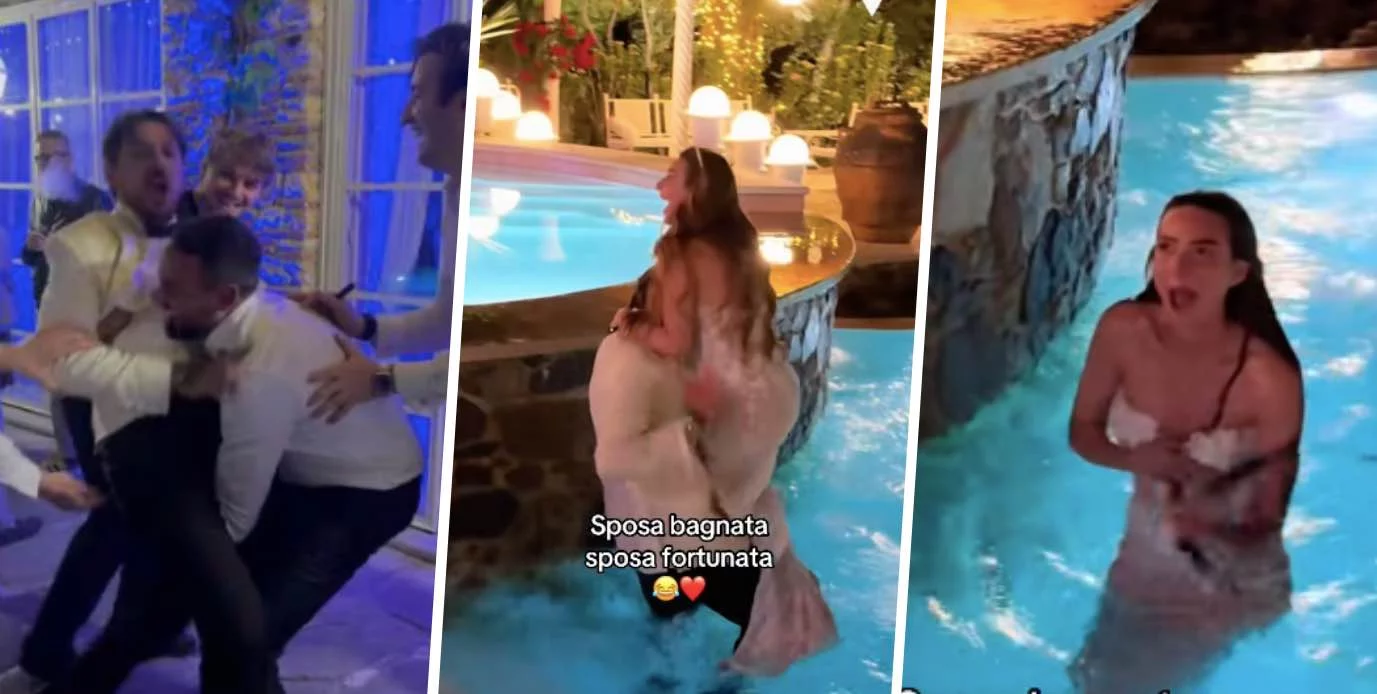 nozze bagnate per andrea e arianna gli amici li lanciano in piscina durante la festa video da Novella2000.it nozze bagnate per andrea e arianna gli amici li lanciano in piscina durante la festa video