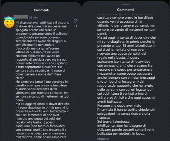 Commento Instagram ex compagna di classe di Alessia Pecchia