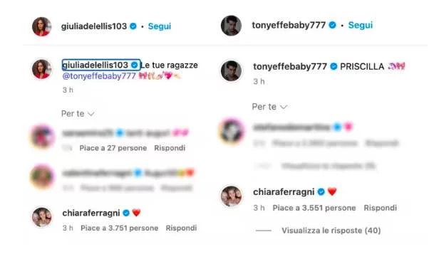 I commenti di Chiara Ferragni sotto ai post di Giulia De Lellis e Tony Effe