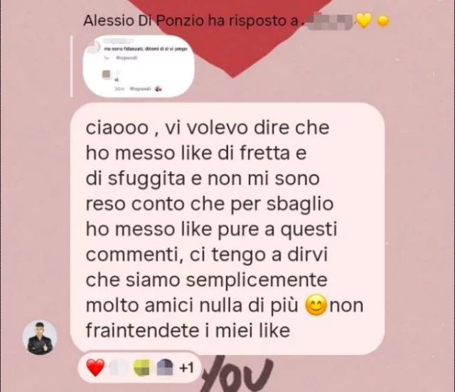 Lo screen di presunta risposta di Alessio di Amici
