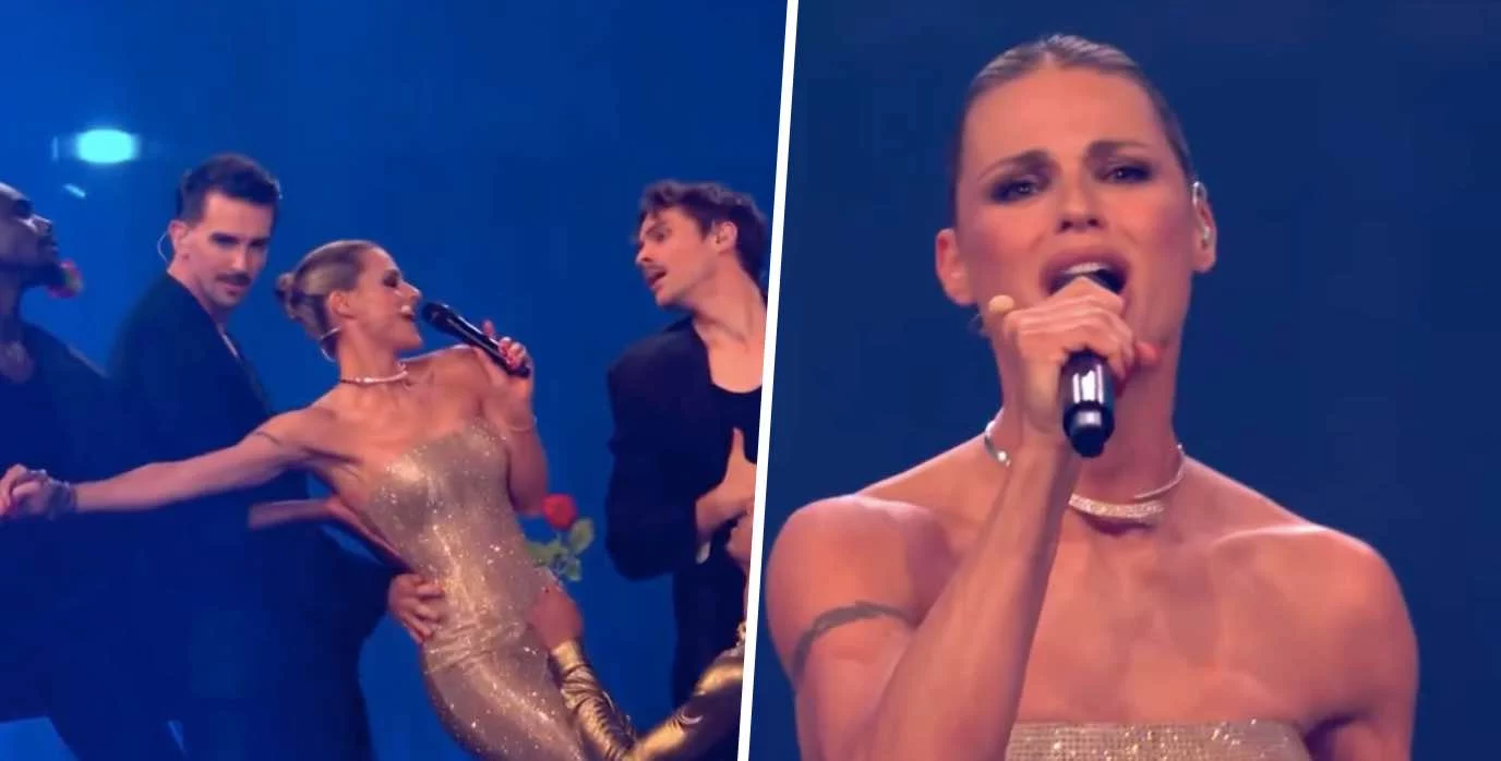 Michelle Hunziker canta Nel blu dipinto di blu all’Eurovision, ma la regia manda la pubblicità Michelle Hunziker canta Nel blu dipinto di blu all’Eurovision, ma la regia manda la pubblicità