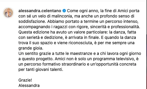 Post Instagram Alessandra Celentano dopo Amici 24