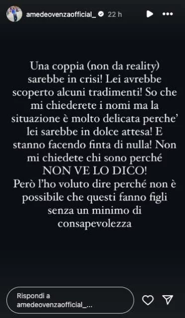 Storia Instagram Amedeo Venza coppia in crisi