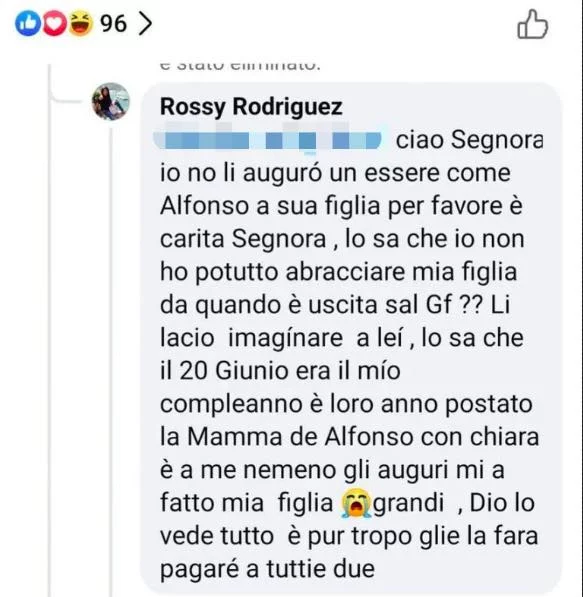 Commento Facebook della mamma di Chiara Cainelli