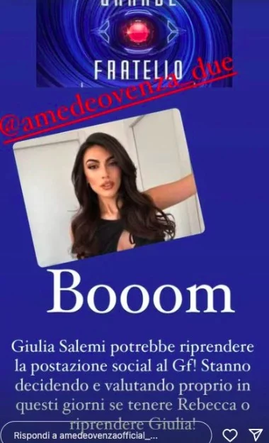 L'indiscrezione su Giulia Salemi al Grande Fratello - Storia Instagram Amedeo Venza