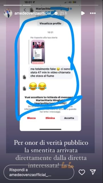 Storia Instagram Amedeo Venza su Mariavittoria e Tommaso del Grande Fratello