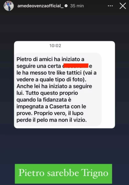 Storia Instagram Amedeo Venza su segnalazione TrigNO